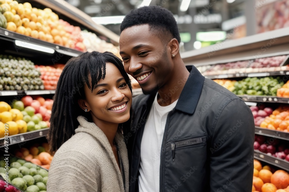 Portrait of happy smiling interracial  family couple enjoys shopping time at fruit counter in a grocery supermarket. Generative AI