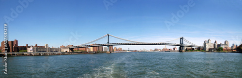 panoramic view from Brooklyn Bridge to Manhattan Bridge over East River
