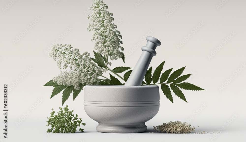 AI-generated illustration of medicinal herbs - meadowsweet, powdered. MidJourney.