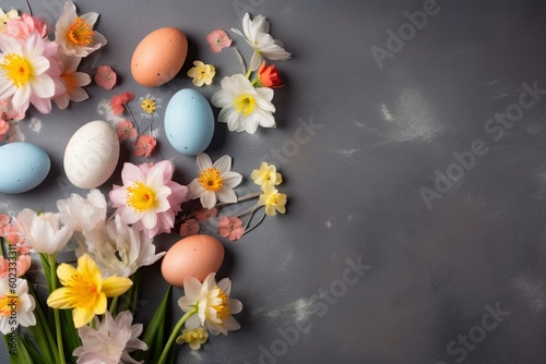 illustration  spring flowers and easter eggs  ai generative
