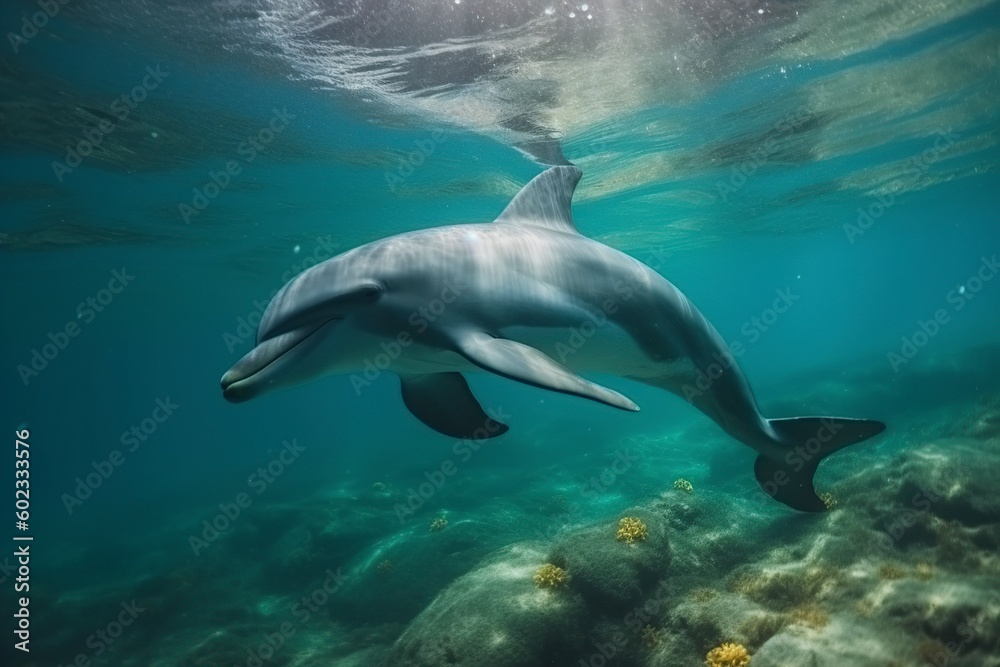 Obraz premium illustration, dolphins swimming under the sea,generative ai