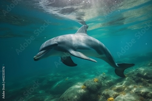 illustration, dolphins swimming under the sea,generative ai
