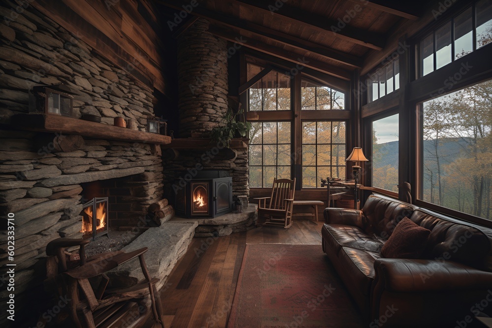 A rustic cabin nestled in the mountains, complete with a stone fireplace, cozy furnishings, and a stunning view of the wilderness - Generative AI