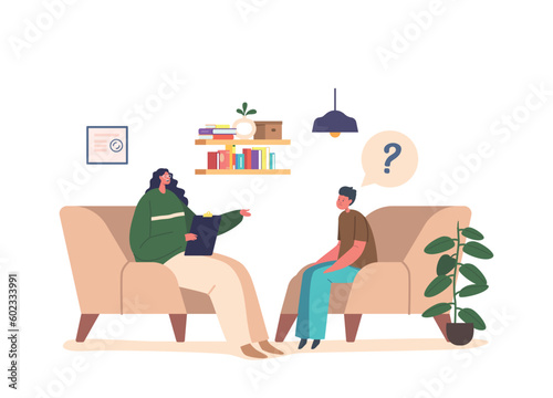 Boy Character At Psychologist. Therapist Observes Behavior And Communicates With Child To Diagnose And Treat