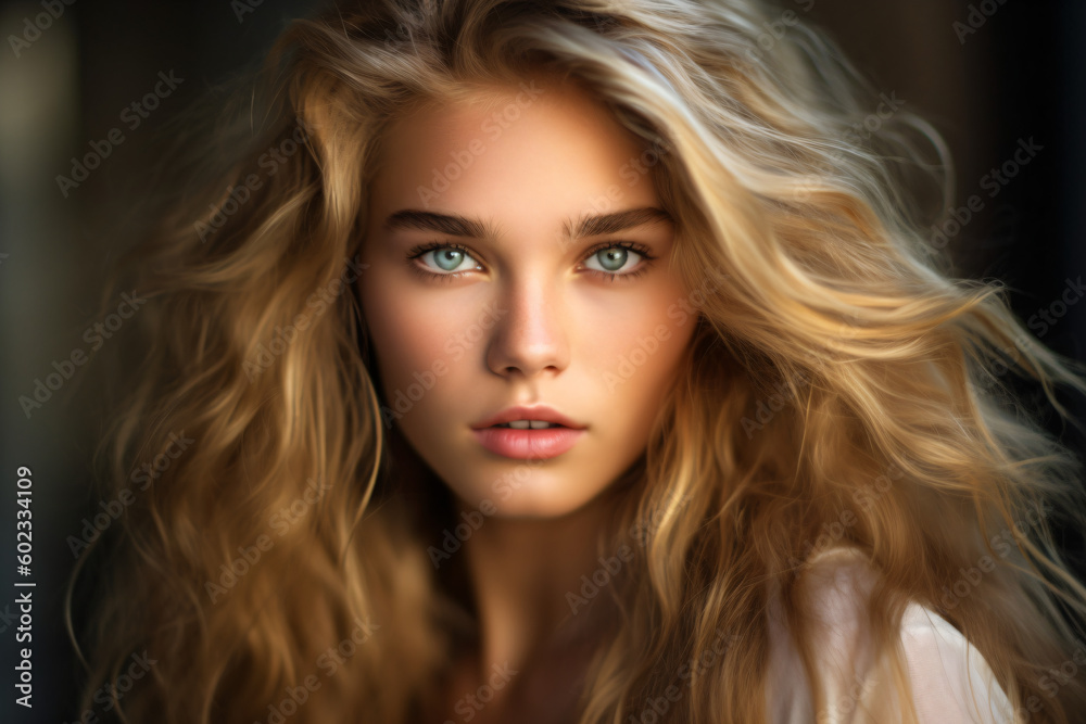 A beautiful woman with long blonde hair and blue eyes Generative Ai