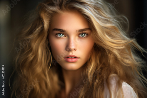 A beautiful woman with long blonde hair and blue eyes Generative Ai