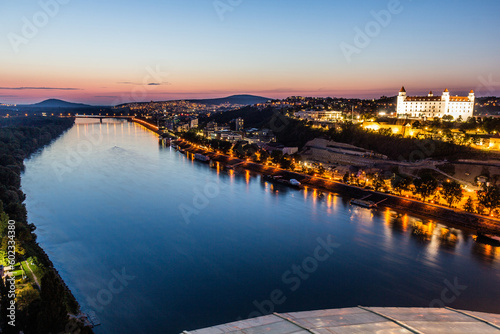 Evening view Danube river and the castle in Bratislava, capital of Slovakia