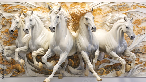 White horses on the background of a wall with decorative ornaments. Generative ai