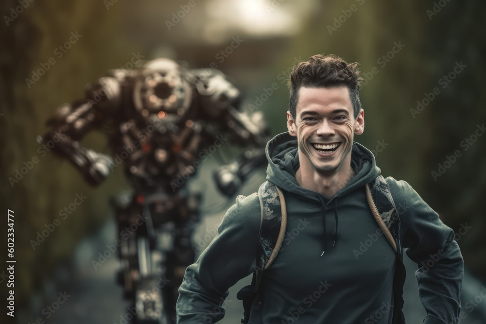 portrait of a person male smiling and running with a robotic. Generative Ai