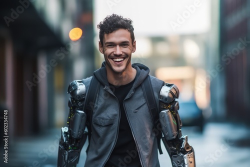 Smiling of male half robotic happiness. Generative Ai