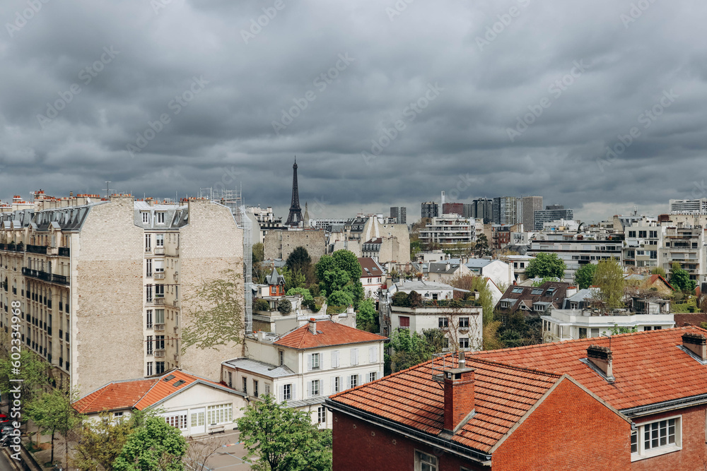View of the Parisian rooftops and the Eiffel Tower from the 16th arrondissement of Paris