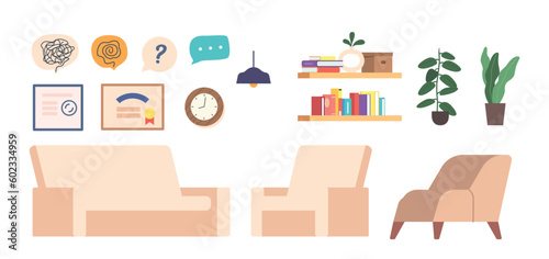 Set Of Psychologist Office Equipment. Armchairs, Couch, Bookshelf, Certificates, Potted Plants, Files, Notepad