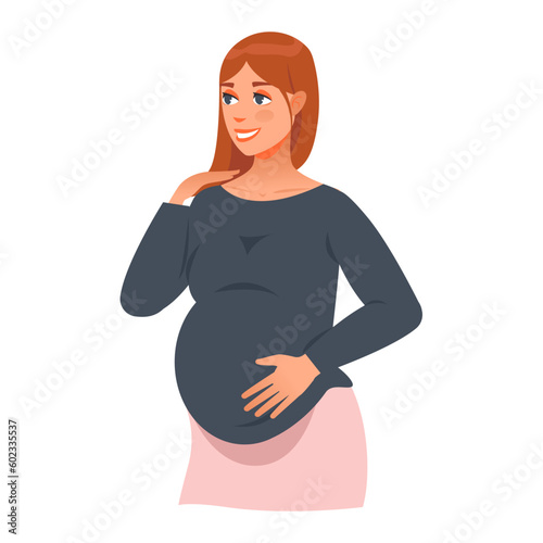 Smiling young woman touching belly excited with pregnancy. Motherhood concept. Vector illustration.
