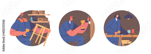 Isolated Round Icons or Avatars of Carpentry Workers Male and Female Characters Assemble Wooden Furniture
