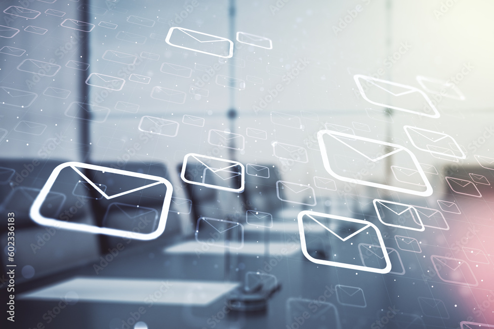 Abstract virtual postal envelopes hologram on a modern coworking room background, email and notification concept. Multiexposure