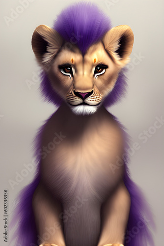 portrait of a lion cub with mohawk, purple wool, generative ai