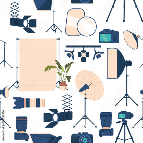 Seamless Pattern Featuring Photo Studio Equipment Such As Cameras, Tripods, Lights, And Reflectors, Cartoon Illustration