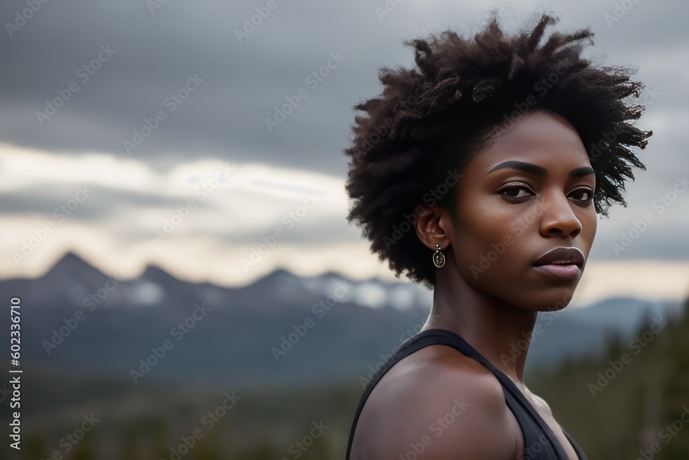 Digital portrait of a stunning, brutal ebony woman climber hanging from a cliff. Concept of active life. Generative AI