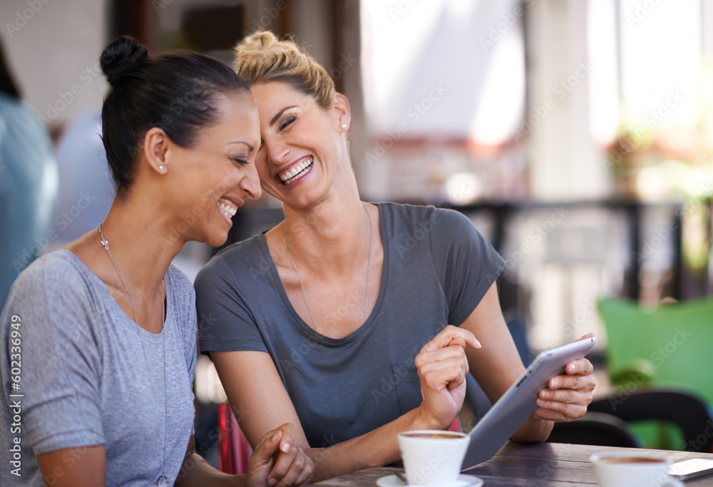 Conversation, tablet and friends drinking coffee at a cafe together while browsing on social media. Happy, smile and women speaking, laughing and scrolling on a mobile at a restaurant in the city. Conversation, tablet and friends drinking coffee at a cafe together while browsing on social media. Happy, smile and women speaking, laughing and scrolling on a mobile at a restaurant in the city.