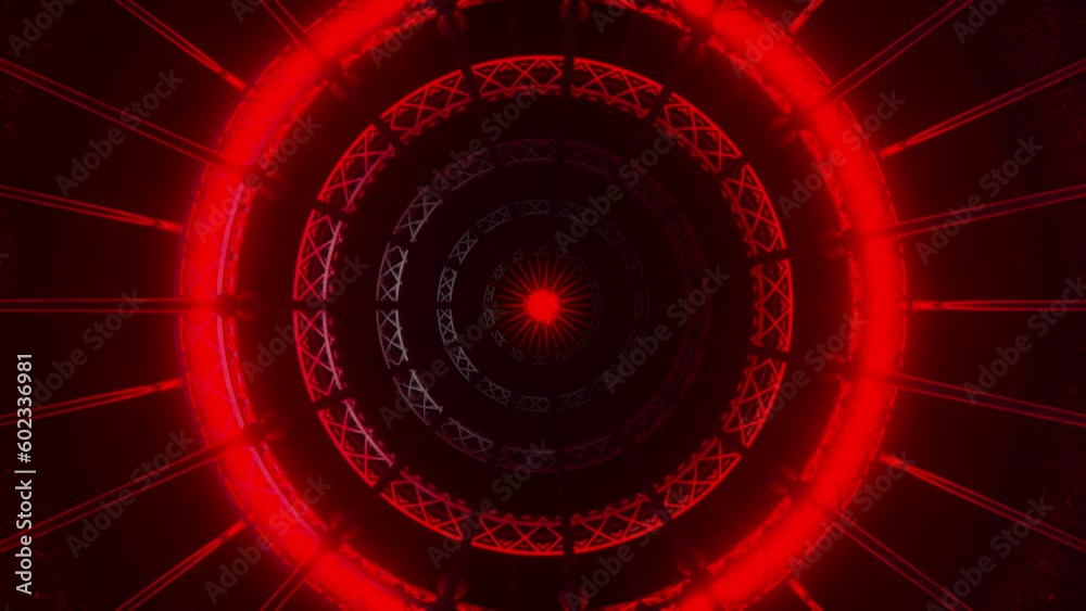Truss and light strips in a circular array, pulsating energy on the BPM in red and white colors, seamless VJ Loop