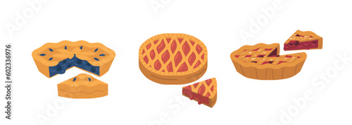 Set Of Pies With Cut Piece Showcases Delicious Pies With A Variety Of Fillings, Including Blueberry, Cherry, Strawberry