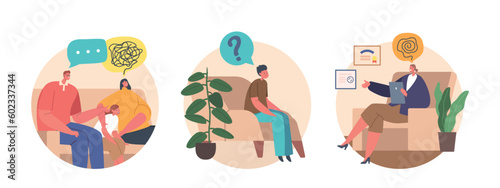 Isolated Round Icons Parents And Child Characters In Psychologist's Office. They Sit And Talk With Professional