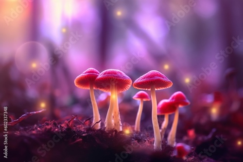 Luminous Forest Mushrooms in a Purplish-Pink Ambiance Generated by Generative AI