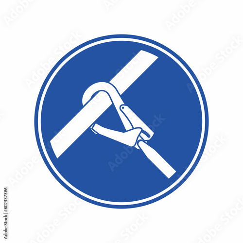 Safety harness hooked on the steel safety guardrail icon. Vector illustration of safety rules for working at high place.