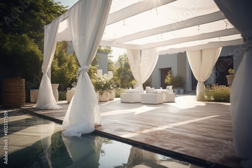 Chillout lounge on wooden terrace with white curtains in a tropical resort hotel. Photorealistic illustration generative AI.
