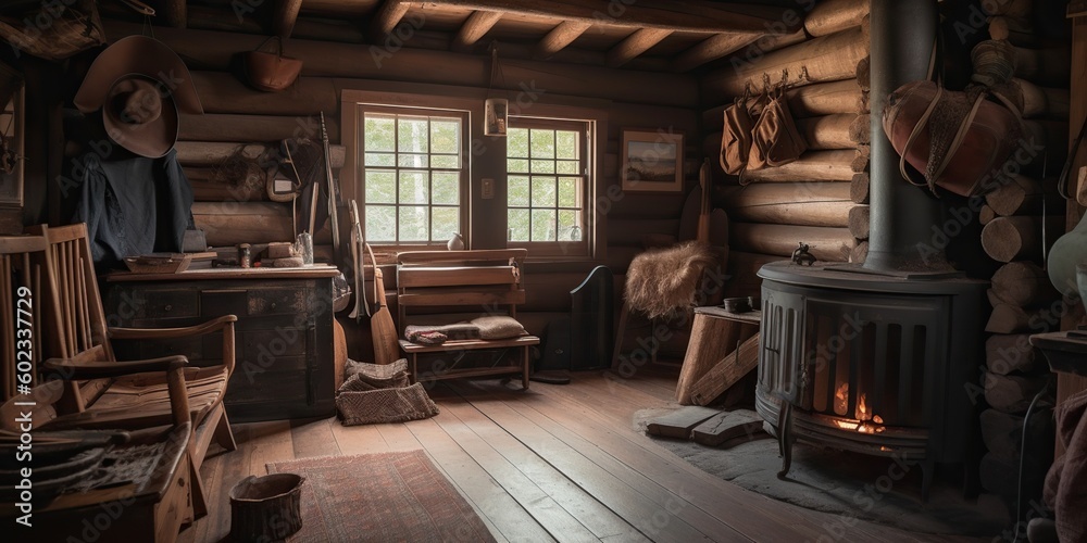 A cozy cabin in the woods with a roaring fireplace, a stack of board games, and a collection of hiking boots by the door, concept of Rustic Retreat, created with Generative AI technology A cozy cabin in the woods with a roaring fireplace, a stack of board games, and a collection of hiking boots by the door, concept of Rustic Retreat, created with Generative AI technology