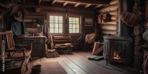A cozy cabin in the woods with a roaring fireplace, a stack of board games, and a collection of hiking boots by the door, concept of Rustic Retreat, created with Generative AI technology