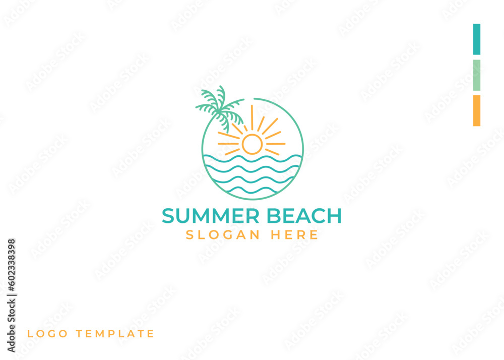 summer beach line art logo vector. palm tree, sun and sea waves icon design summer beach line art logo vector. palm tree, sun and sea waves icon design