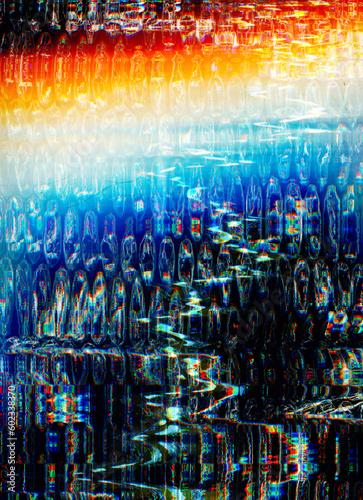 Color glow noise. Glitch abstract background. Static distortion. Orange blue white rainbow light flare artifacts on dark black illustration grunge wallpaper.