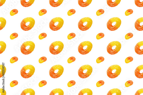 Fototapeta Naklejka Na Ścianę i Meble -  Peach Ring Gummy Seamless Pattern - Fruit Candy Background - Peach Rings Background