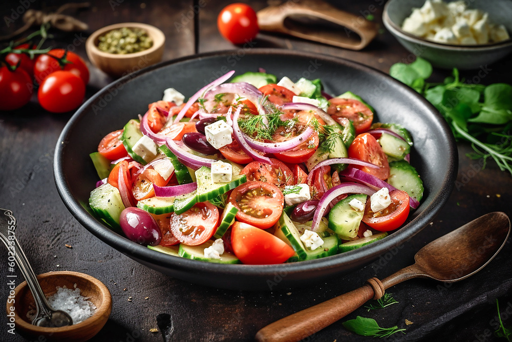 Greek salads with tomato and feta cheese. AI generativ. Greek salads with tomato and feta cheese. AI generativ.