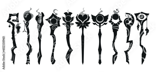 Magical Staff Black Silhouettes. Various Staffs, Adorned With Mystical Gems And Engravings, Capable Of Casting Spells