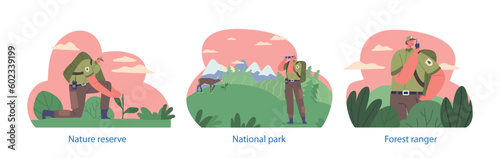 Isolated Elements with Ranger Forester Character Care of Trees, Control Environment in National Parks, Reserve Nature