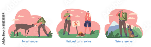 Isolated Elements with Forester Ranger Character Feeding Deer, Providing National Park Services, Issues Fine For Fire