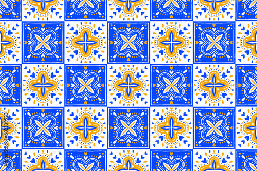 Ethnic Abstract Background cute Blue Orange Heart Daisy Flower motif geometric tribal folk oriental native pattern traditional carpet wallpaper clothing fabric wrapping print Tile Vector