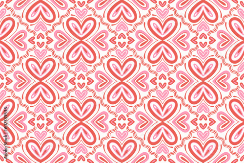Ethnic 70s Retro Abstract Background cute Valentines Day Love Heart Flower Pink Red motif geometric tribal oriental native pattern traditional carpet wallpaper clothing fabric wrapping print vector