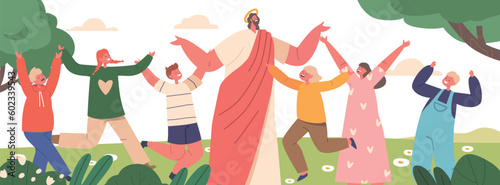 Jesus Biblical Character Surrounded By Children, Smiling And Rejoice With Them On Green Summer Meadow