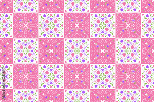 Ethnic Abstract Background cute Pink Valentines Day Love Heart Tulip Flower motif geometric tribal folk oriental native pattern traditional carpet wallpaper clothing fabric wrapping print Tile Vector
