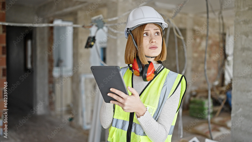 Young blonde woman architect using touchpad with serious expression at construction site Young blonde woman architect using touchpad with serious expression at construction site