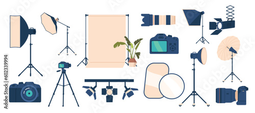 Set Of Photo Studio Equipment. Camera, Tripod, Flash, Softbox, Backdrop, Reflector, Umbrella, Light Stand, Lens