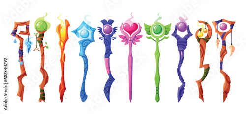 Set Of Magic Staff Consisting Of Wooden Sticks With Crystal Tips. Each Staff Has Unique Engravings And Runes