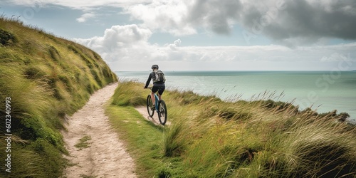 An enthusiastic cyclist riding along a scenic coastal path, emphasizing the health benefits and enjoyment of outdoor exercise, concept of Active lifestyle, created with Generative AI technology