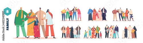 Set Happy Family Characters. Muslim European, Asian, Arab, African And Jewish Joyous Parent, Grandparents And Kids
