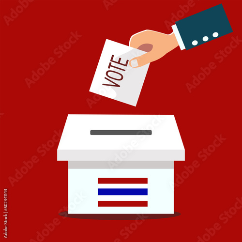 Businessman holding paper for selection voting ballot box with Thai Flag.