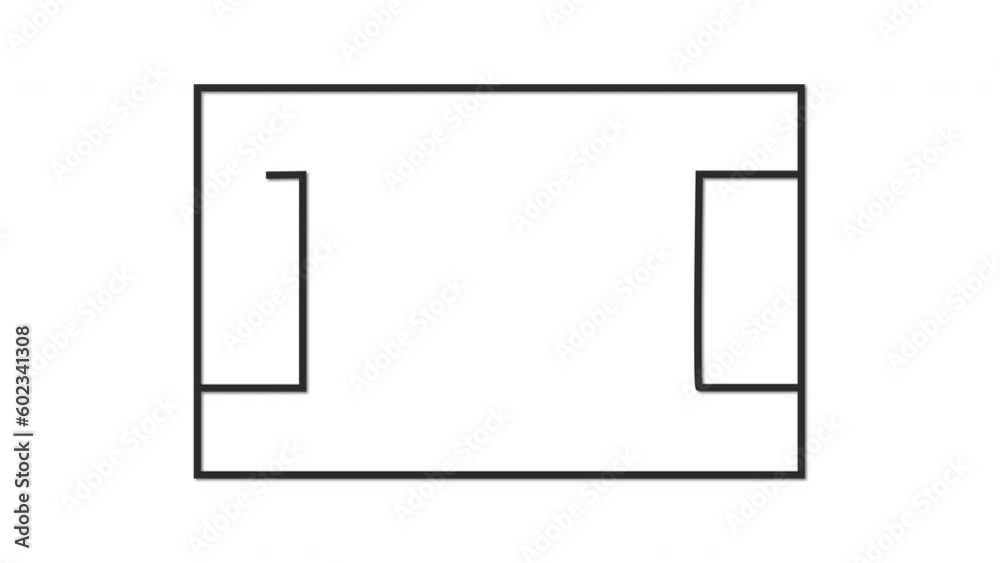 Soccer field, football field scheme outline self drawing animation. Top view. Black and white. Soccer field, football field scheme outline self drawing animation. Top view. Black and white.