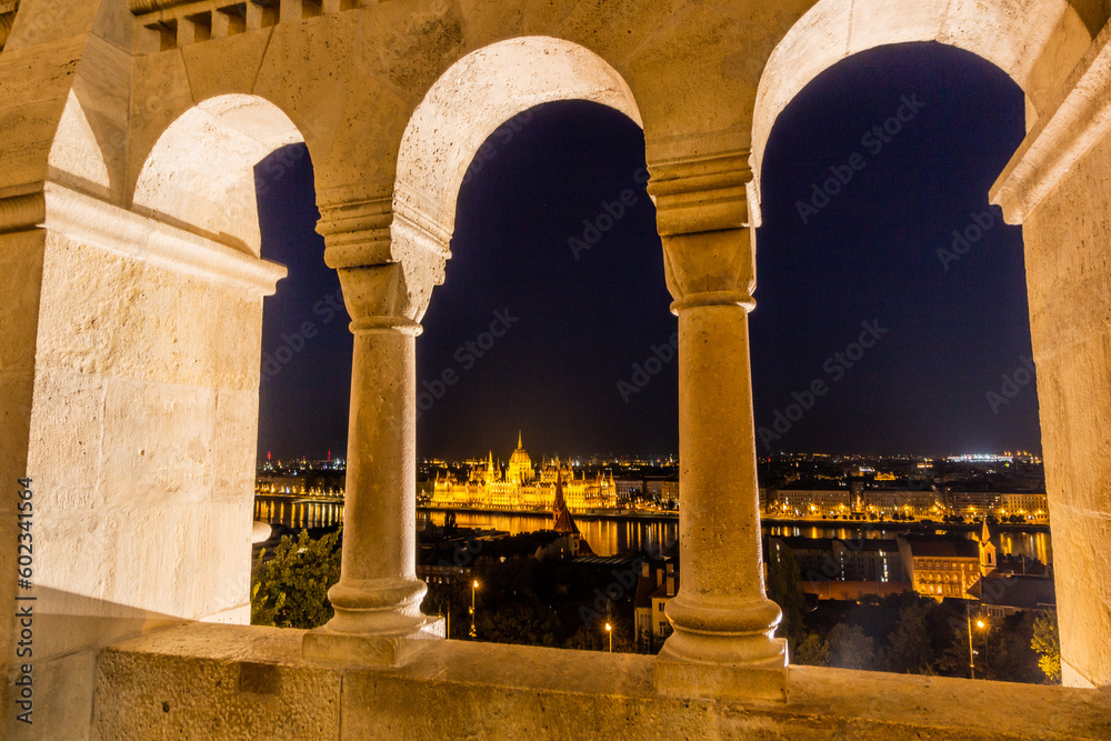 Evening view from Fisherman's Bastion at Buda castle in Budapest, Hungary